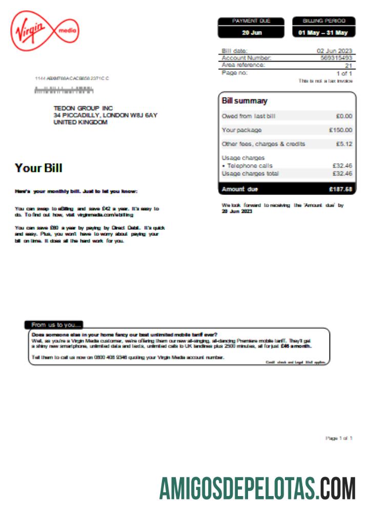 Projeto de lei de negócios de serviços públicos da Virgin Media SCR modelo